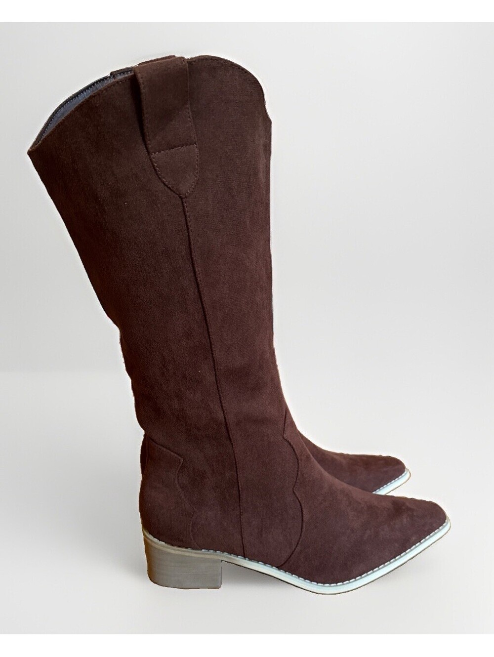 NEW Shibever Brown Faux Suede Mid Calf Pointed Toe Cowgirl Boots Ladies 10